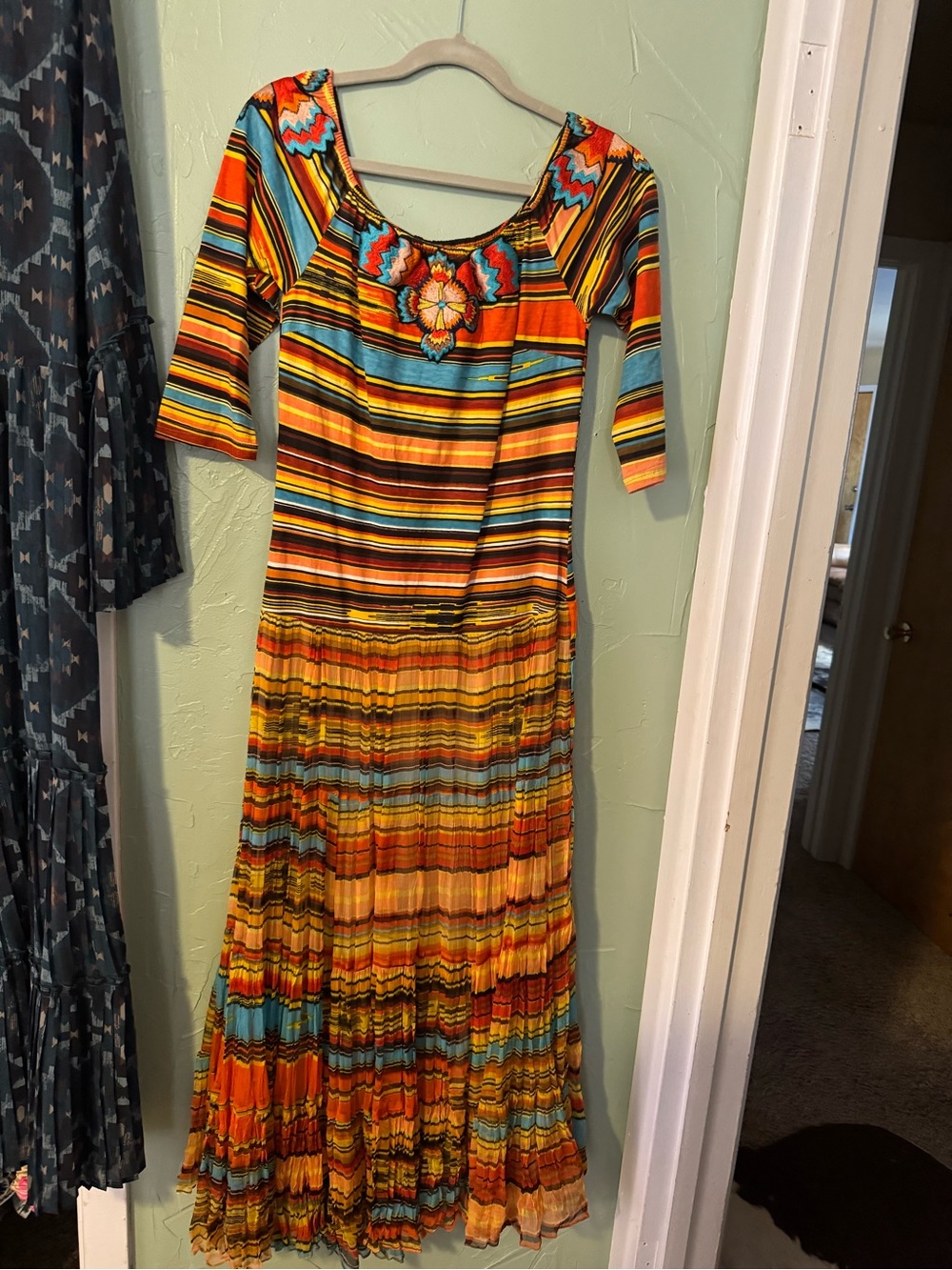 NWT Vintage Collection Striped Multicolor Maxi Dress with Embroidered Yoke